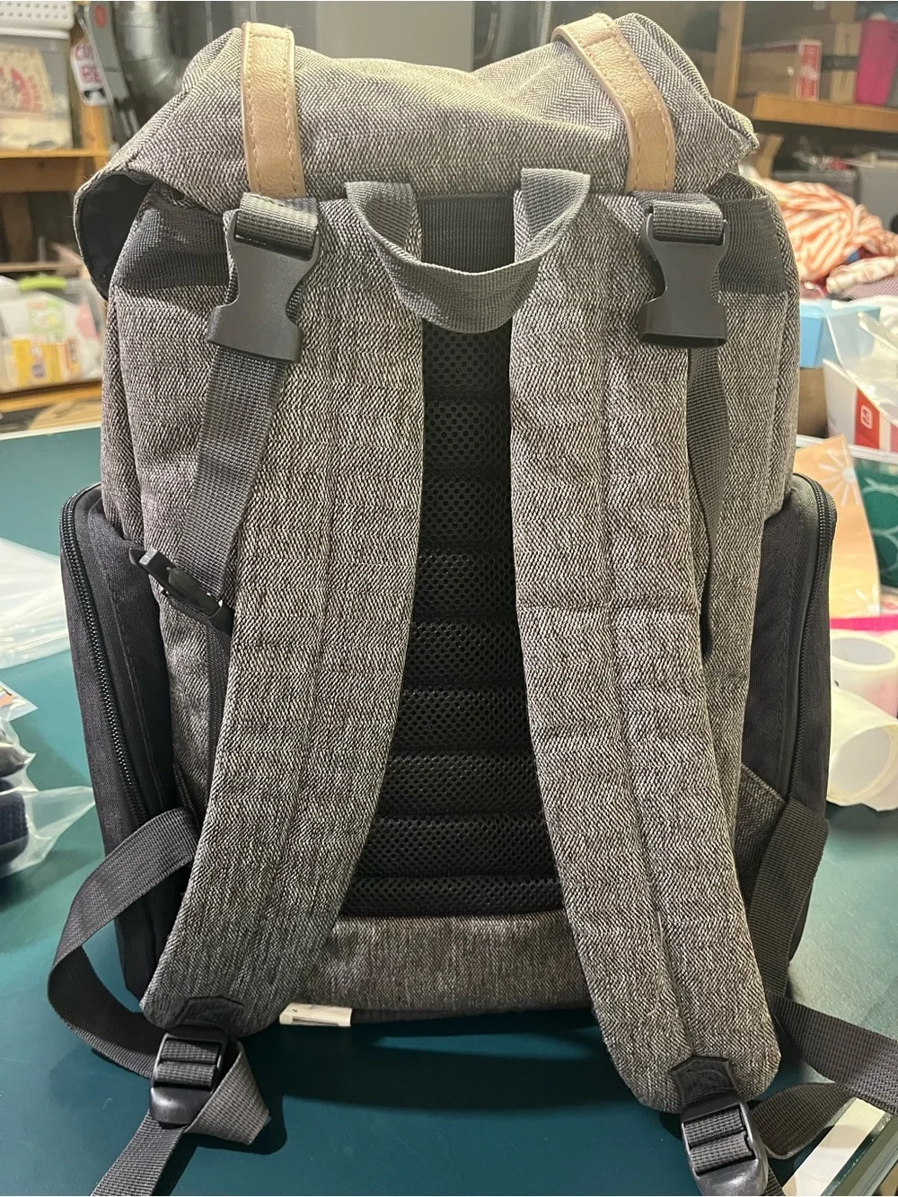 Eddie Bauer First Adventure Gray & Tan Herringbone Diaper Bag Backpack (rack)